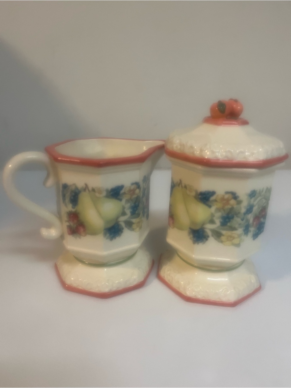 Avon Seasons Collection Covered Sugar Bowl & Creamer Fruit Pear Floral Ceramic
